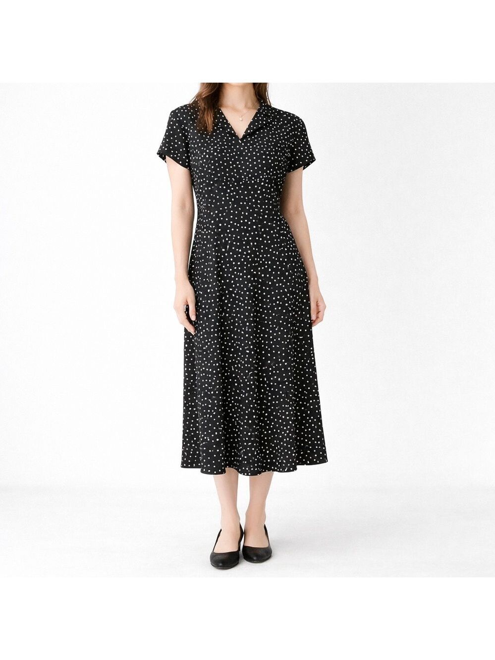 TALBOTS Fully Lined Black & Cream Polka Dot Fit & Flare Short Sleeve Dress Sz 14